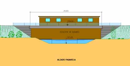 Dibujo con el alzado de la pasarela frente a la casa de bombeos